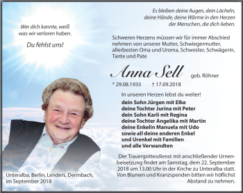 Traueranzeige von Anna Sell von Südthüringer Presse