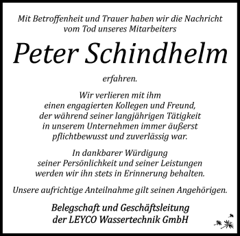 Traueranzeige von Peter Schindhelm von Südthüringer Presse