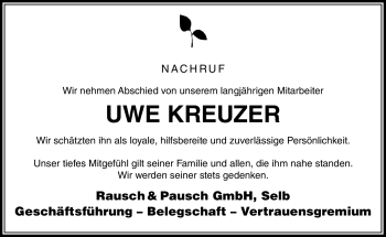 Traueranzeige von Uwe Kreuzer von Frankenpost