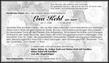 Traueranzeige von Lisa Kehl von Südthüringer Presse