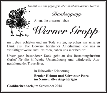 Traueranzeige von Werner Gropp von Südthüringer Presse