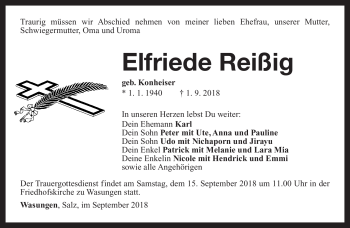 Traueranzeige von Elfriede Reißig von Südthüringer Presse