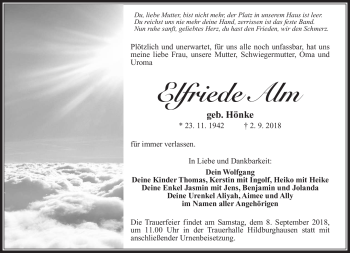 Traueranzeige von Elfriede Alm von Südthüringer Presse
