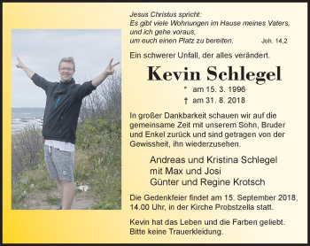Traueranzeige von Kevin Schlegel von Neue Presse Coburg