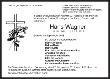 Traueranzeige von Hans Wagner von Frankenpost