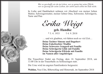 Traueranzeige von Erika Weigt von Südthüringer Presse