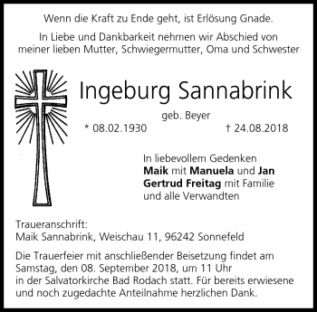 Traueranzeige von Ingeburg Sannabrink von Neue Presse Coburg