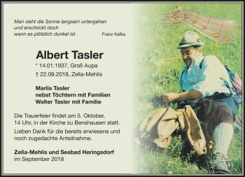Traueranzeige von Albert Tasler von Südthüringer Presse