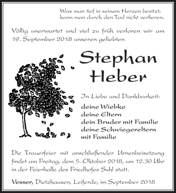 Traueranzeige von Stephan Heber von Südthüringer Presse