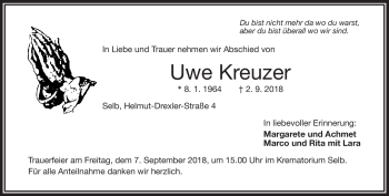 Traueranzeige von Uwe Kreuzer von Frankenpost