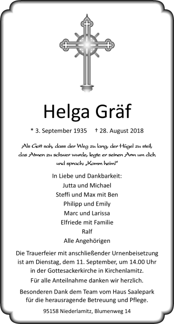 Traueranzeige von Helga Gräf von Frankenpost