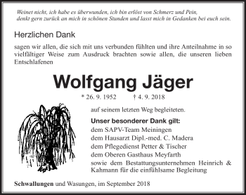 Traueranzeige von Wolfgang Jäger von Südthüringer Presse