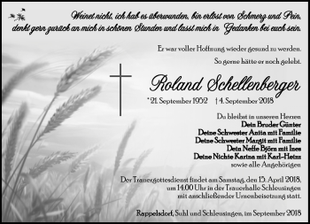 Traueranzeige von Roland Schellenberger von Südthüringer Presse