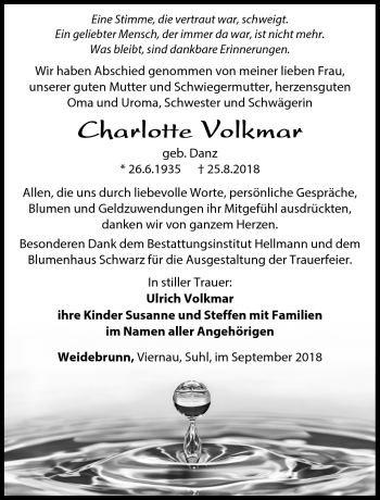 Traueranzeige von Charlotte Volkmar von Südthüringer Presse