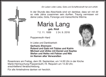 Traueranzeige von Maria Lang von Frankenpost