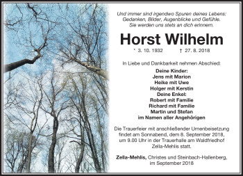 Traueranzeige von Horst Wilhelm von Südthüringer Presse