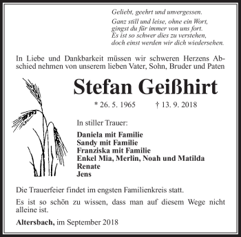 Traueranzeige von Stefan Geißhirt von Südthüringer Presse