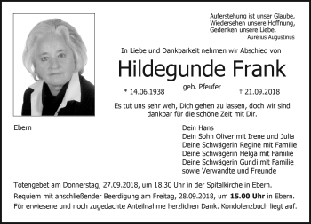 Traueranzeige von Hildegunde Frank von Neue Presse Coburg