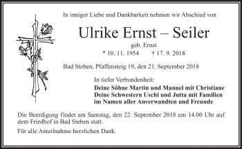Traueranzeige von Ulrike Ernst-Seiler von Frankenpost