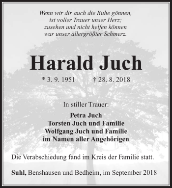 Traueranzeige von Harald Juch von Südthüringer Presse