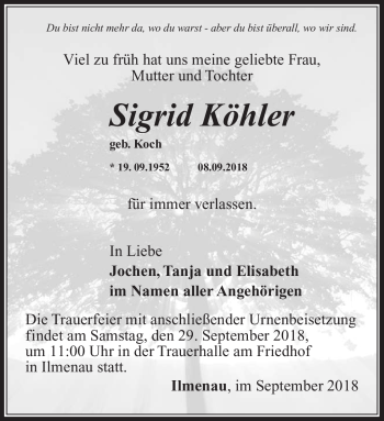 Traueranzeige von Sigrid Köhler von Südthüringer Presse