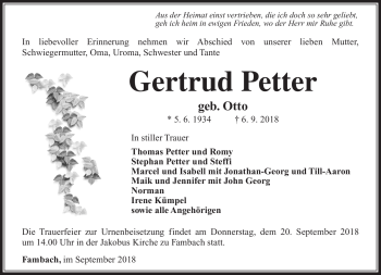 Traueranzeige von Gertrud Petter von Südthüringer Presse