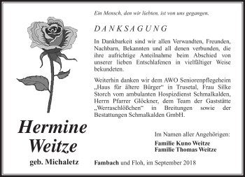 Traueranzeige von Hermine Weitze von Südthüringer Presse
