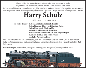 Traueranzeige von Harry Schulz von Südthüringer Presse