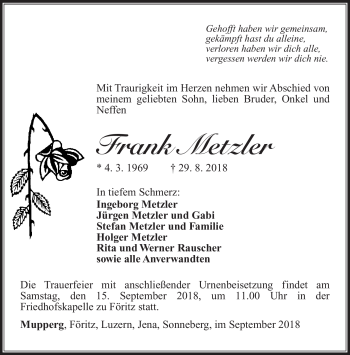 Traueranzeige von Frank Metzler von Südthüringer Presse