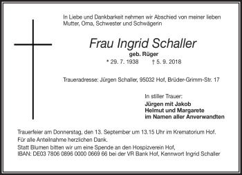Traueranzeige von Ingrid Schaller von Frankenpost