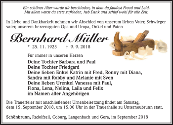 Traueranzeige von Bernhard Müller von Südthüringer Presse