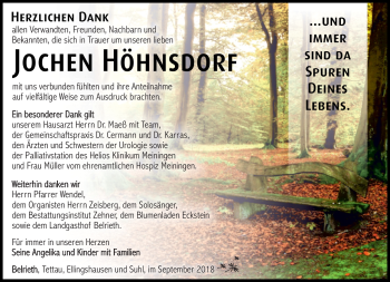 Traueranzeige von Jochen Höhnsdorf von Südthüringer Presse