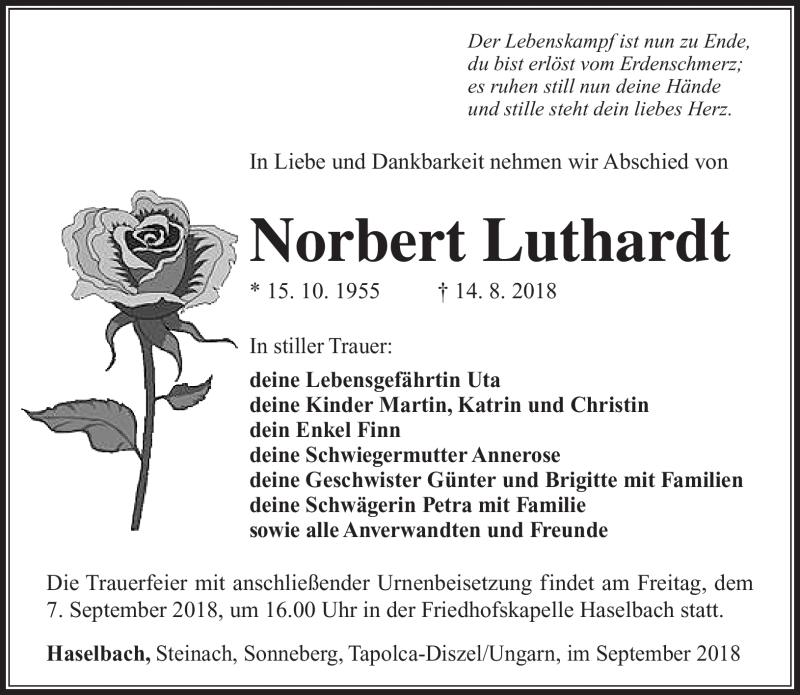  Traueranzeige für Norbert Luthardt vom 01.09.2018 aus Südthüringer Presse