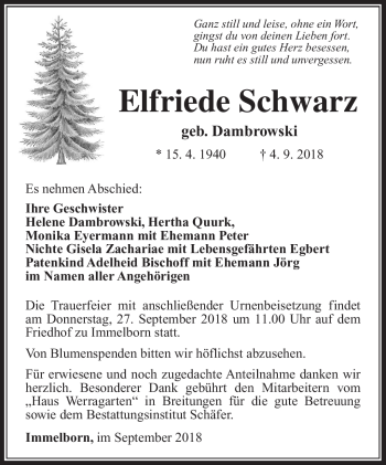 Traueranzeige von Elfriede Schwarz von Südthüringer Presse