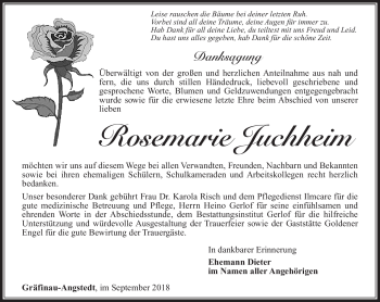 Traueranzeige von Rosemarie Juchheim von Südthüringer Presse