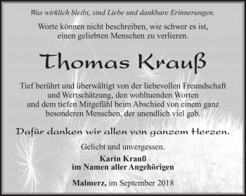 Traueranzeige von Thomas Krauß von Südthüringer Presse