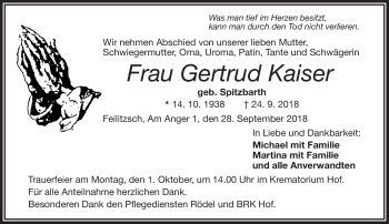 Traueranzeige von Gertrud Kaiser von Frankenpost