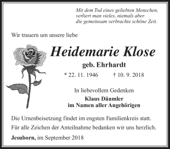 Traueranzeige von Heidemarie Klose von Südthüringer Presse