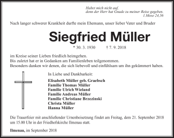 Traueranzeige von Siegfried Müller von Südthüringer Presse