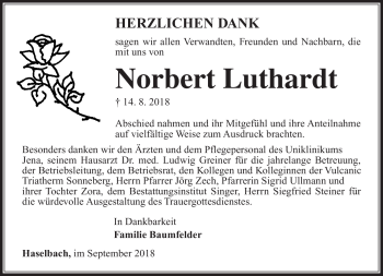 Traueranzeige von Norberth Luthardt von Südthüringer Presse