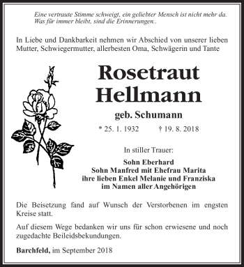 Traueranzeige von Rosetraut Hellmann von Südthüringer Presse