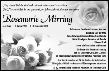 Traueranzeige von Rosemarie Mirring von Südthüringer Presse
