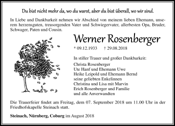 Traueranzeige von Werner Rosenberger von Südthüringer Presse