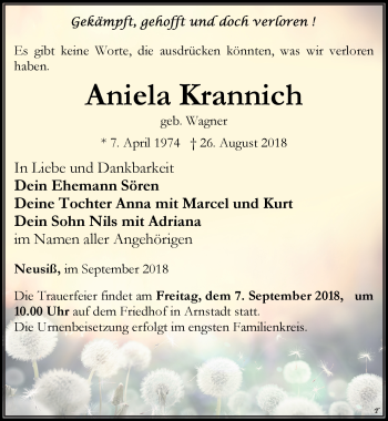 Traueranzeige von Aniela Krannich von Südthüringer Presse