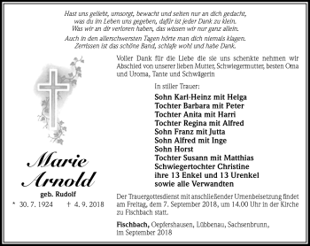 Traueranzeige von Marie Arnold von Südthüringer Presse