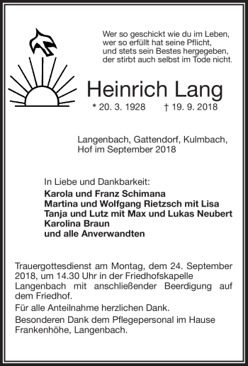 Traueranzeige von Heinrich Lang von Frankenpost