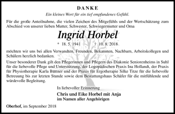 Traueranzeige von Ingrid Horbel von Südthüringer Presse