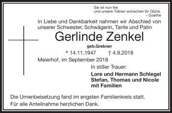 Traueranzeige von Gerlinde Zenkel von Frankenpost