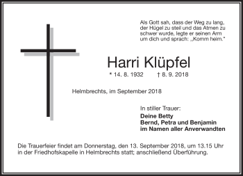 Traueranzeige von Harri Klüpfel von Frankenpost
