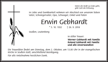Traueranzeige von Erwin Gebhardt von Frankenpost